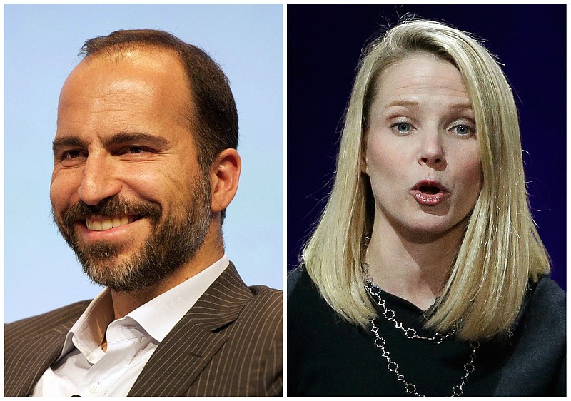 This photo combo shows Expedia CEO Dara Khosrowshahi, left, and Yahoo President and CEO Marissa Mayer. Khosrowshahi and Mayer were two of the highest-paid CEOs in 2015, as calculated by The Associated Press and Equilar, an executive data firm. (Expedia via AP, left, and AP Photo/Eric Risberg)