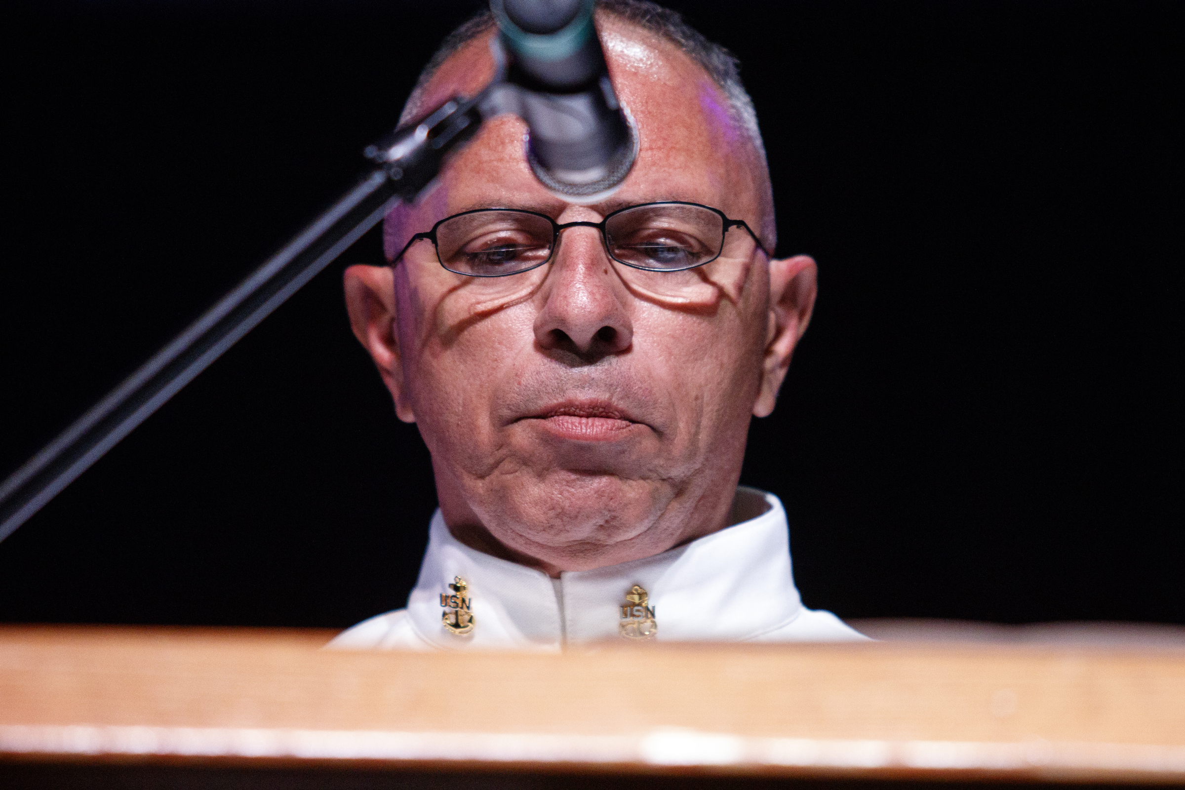 U.S. Navy Chief Charlie Barba speaks during the Chattanooga Police Department's annual awards ceremony held at Calvary Chapel on Thursday, May 26, 2016, in Chattanooga, Tenn. In addition to normal awards, officers were awarded for their response to last year's July 16 shootings at two military facilities in Chattanooga.