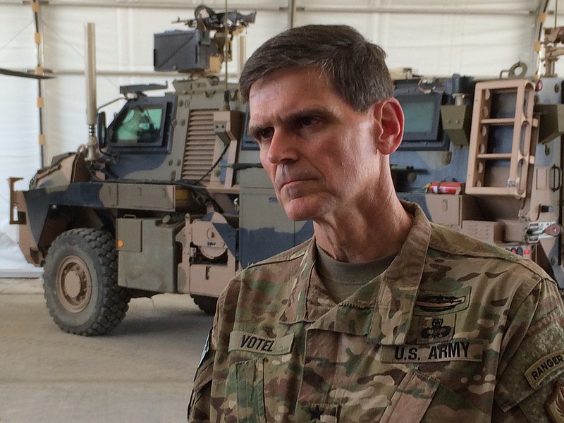 Army Gen. Joseph Votel speaks to reporters at a base in Taji, Iraq, Friday, May 20, 2016, where Iraqi soldiers are being trained by Australian and New Zealand military forces. Bolstered by U.S. airstrikes, Iraqi ground forces have recaptured the western town of Rutba after Islamic State fighters who had occupied the town for nearly two years fled or put up only light resistance, U.S. military officers said Friday, May 20, 2016. (AP Photo/Robert Burns)