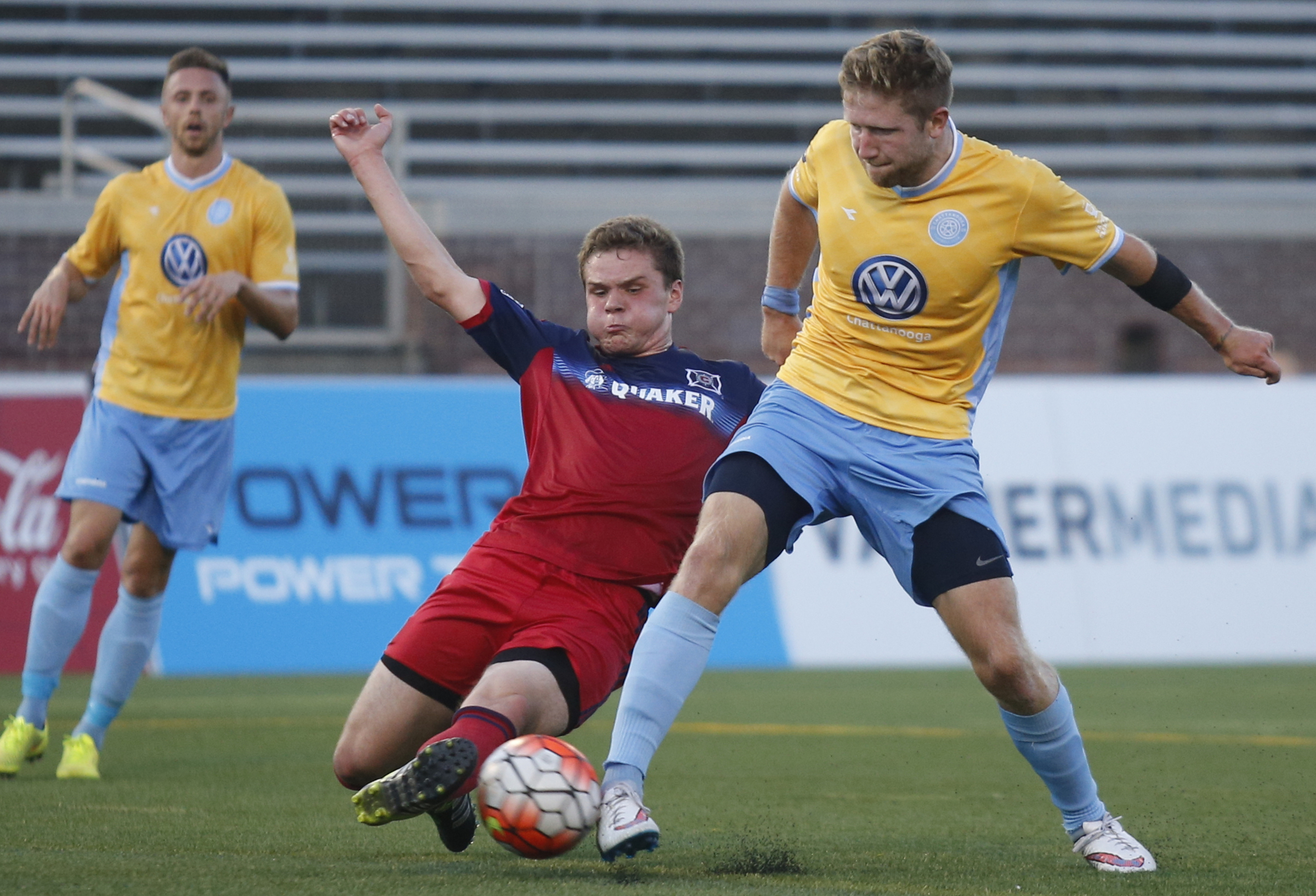 CFC's Luke Winter, right, tries to keep the ball from Chicago's Jeremiah Gutjahr during Chattanooga FC's Hank Steinbrecher Cup championship match against the Chicago Fire at Finley Stadium on Saturday, May 28, 2016, in Chattanooga, Tenn.