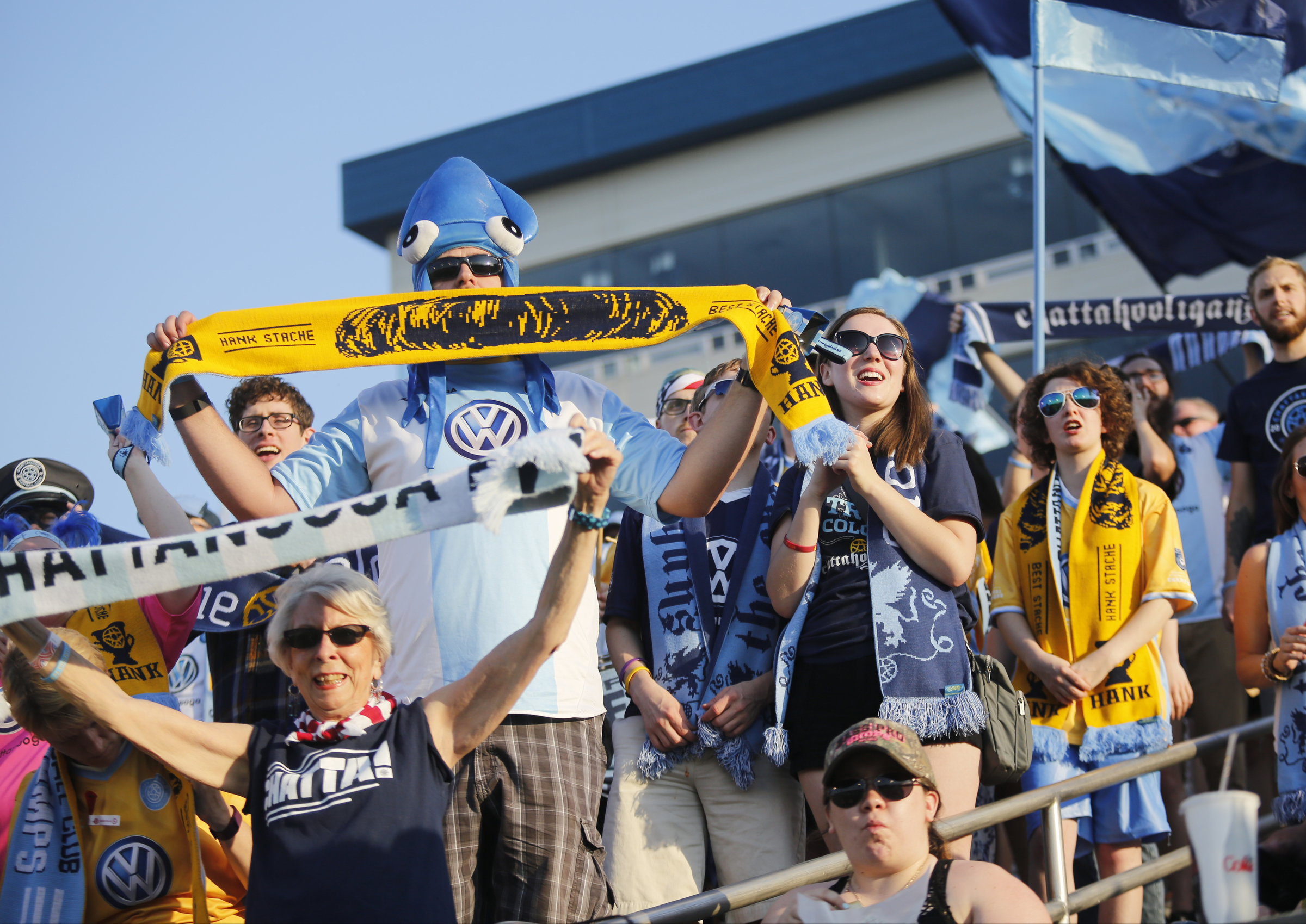 The Chattahooligans cheer as Chattanooga FC takes the field for their Hank Steinbrecher Cup championship match against the Chicago Fire at Finley Stadium on Saturday, May 28, 2016, in Chattanooga, Tenn.