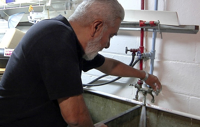 
              This Tuesday, May 24, 2016, image taken from video shows David G. Mata Sr. turning on the faucet in the basement of his home in Flint, Mich. State and local officials are asking Flint residents to flush the pipes in their homes every day for two weeks. Some residents like Mata are giving it a shot, but not all believe the effort will have its intended effect of helping to remove lead particles and coat the pipes. (AP Photo/Mike Householder)
            