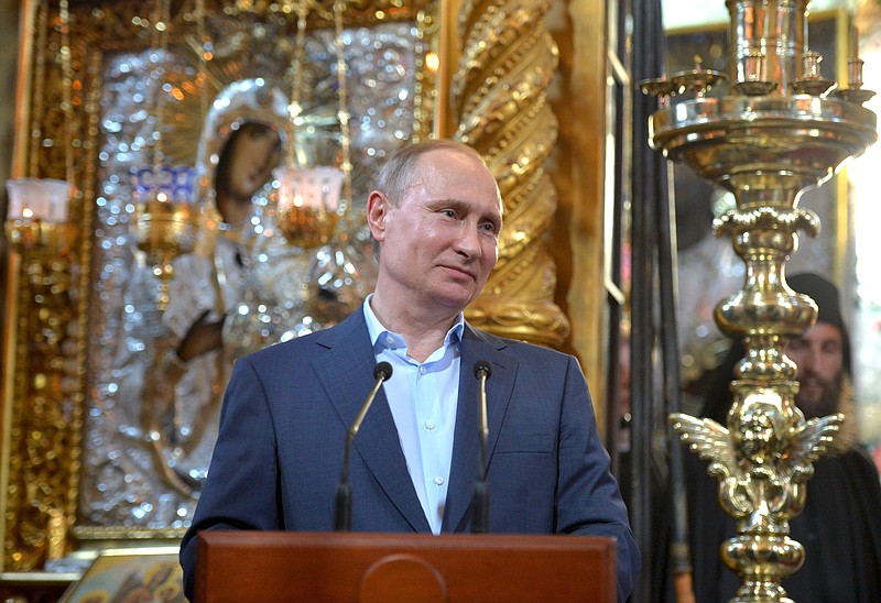 
              Russian President Vladimir Putin visits the Russian monastery St. Panteleimon at Karyes, on Mount Athos, Greece, Saturday, May 28, 2016. Russian President Vladimir Putin visited an Orthodox Christian monastery on the northern Greek peninsula of Mount Athos on Saturday, a sacred place that is off-limits to women. (Alexei Druzhinin/Sputnik, Kremlin Pool Photo via AP)
            