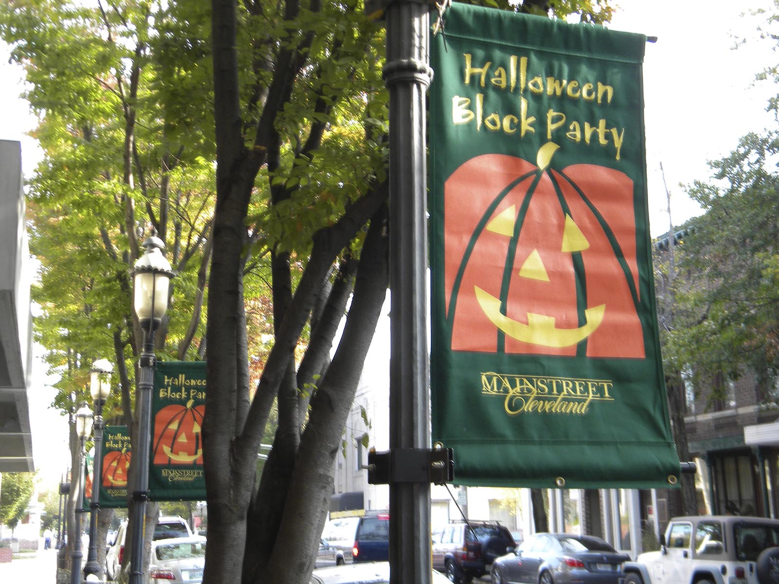 MainStreet Cleveland's Halloween Block Party banners line most of downtown's streets waiting for the party that attracts thousands with music, costumes, air toys and treats.