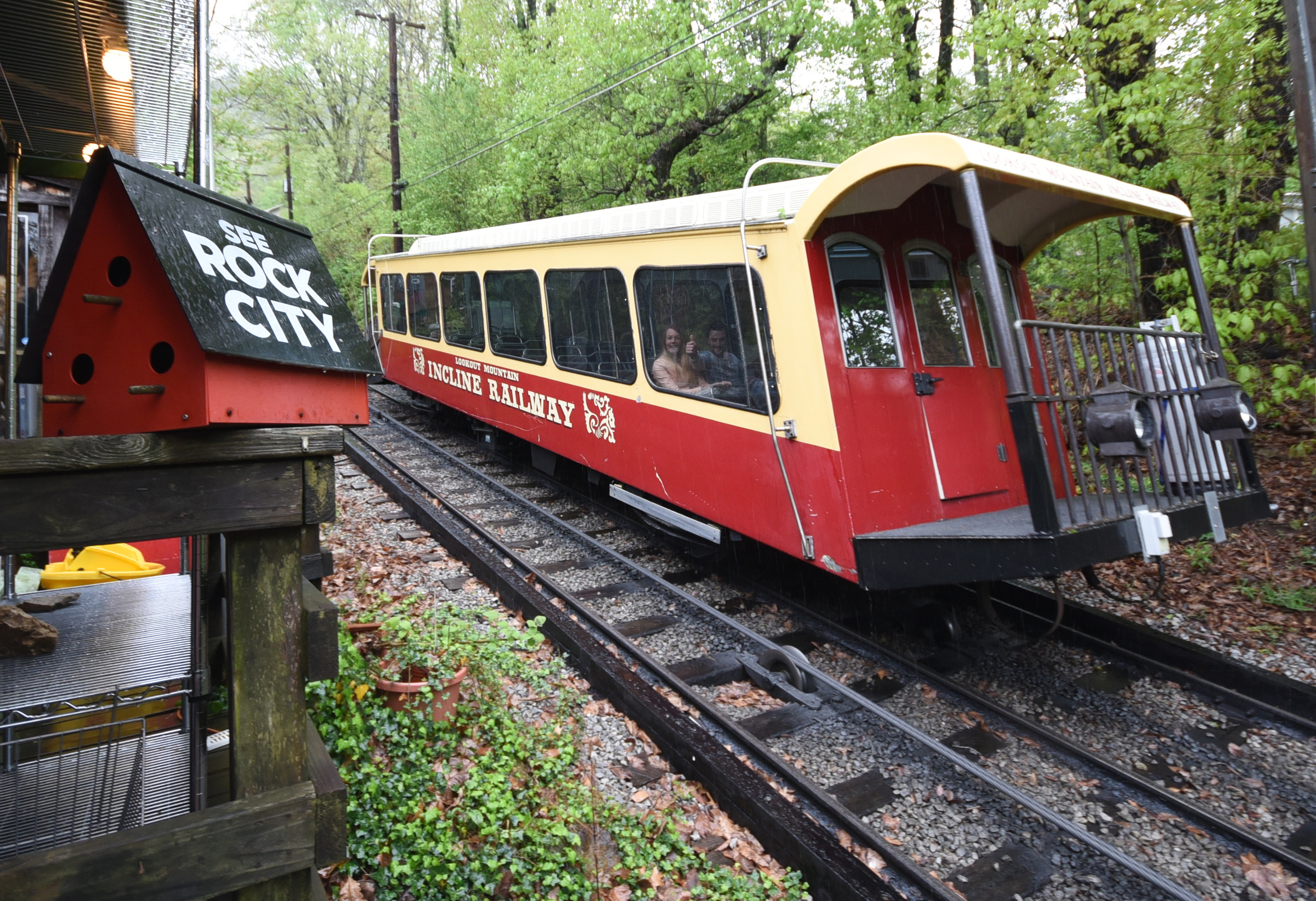 One of the Incline Railway cars passes Mountain Memories gift shop on Scenic Highway, just above the halfway point of the steepest railway in the country.