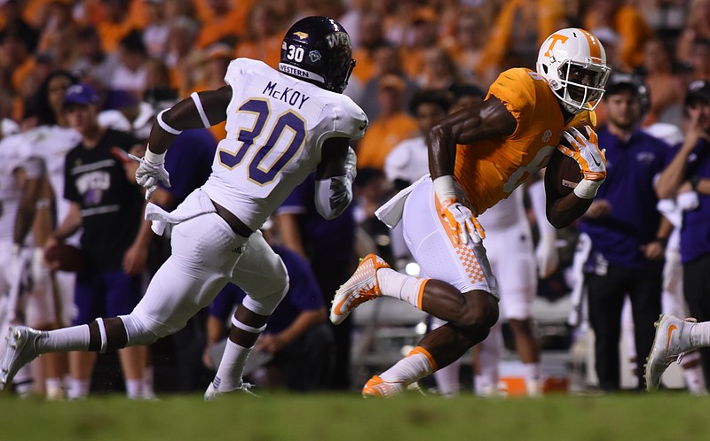 Former Tennessee receiver Marquez North, shown here last September against Western Carolina, was among several SEC football players who bypassed college eligibility but went undrafted. SEC football coaches would like their players to have more opportunities like basketball players to return to school.