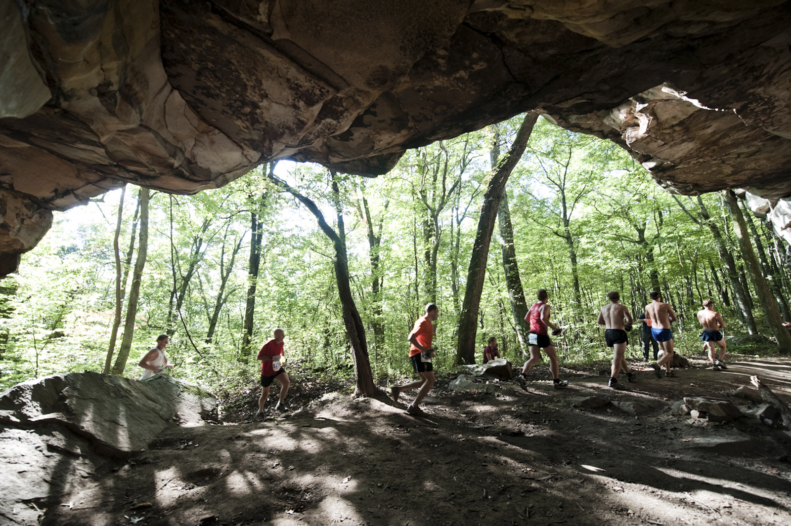 Please set up the attached JPG as a 3-col COLOR for page D6 in Thursday’s sports section. It’s of trail runners at the Indian Rock House in the Prentice Cooper State Forest.