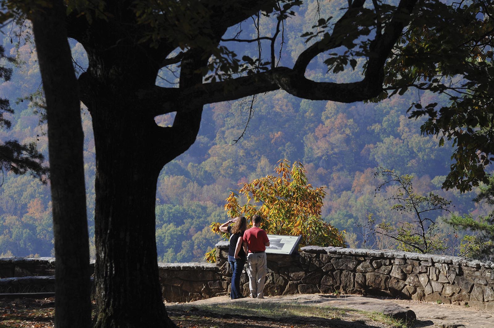 Staff photo by Tim Barber/Chattanooga Times Free Press -- Oct 25, 2012 - Chesapeake, Va. visitors Joseph and Jennifer Pfab take in the view from Signal Point atop Signal Mountain Thursday.