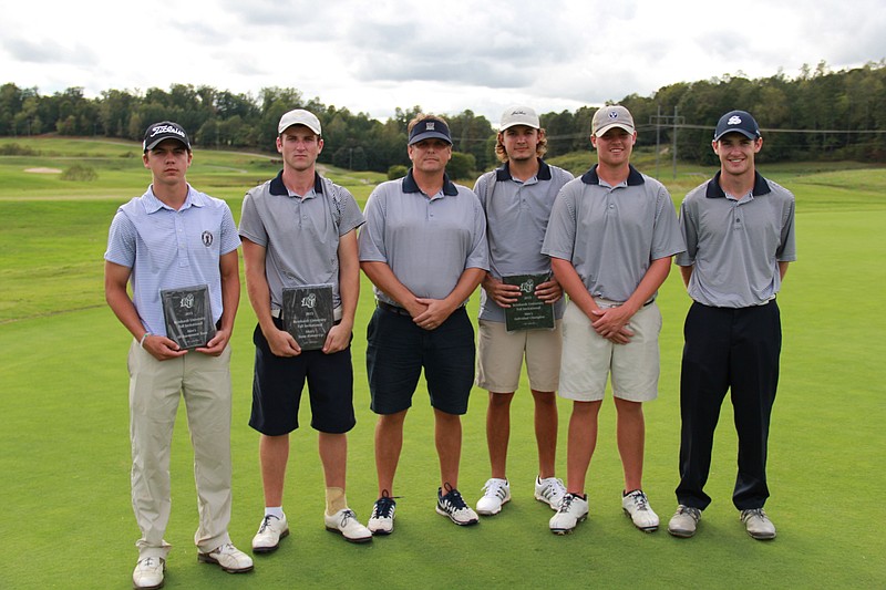 The Georgia Northwestern Technical College Golf Team holds awards at a recent golf tournament. Coach Jared Willerson, center, is taking the team to the National Junior College Athletic Association Division 3 national tournament in Chatauqua, New York, June 5.