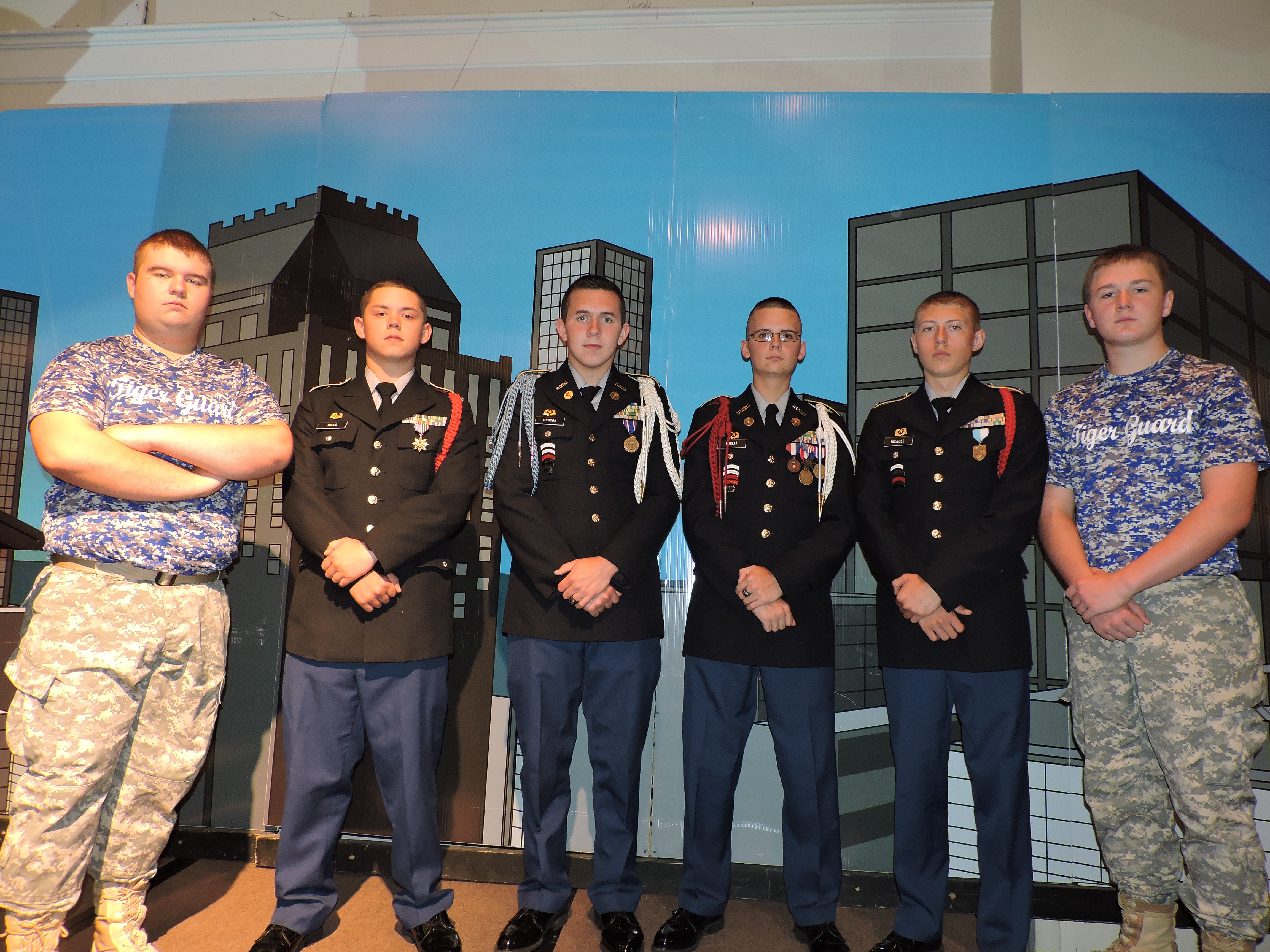 Ringgold High School Cadet 1st Sgt. Dawson Norfolk, Cadet Capt. Caleb Dills, Cadet Col. Tavian Henson, Cadet Lt. Col. Logan Parell, Cadet 2nd Lt. Devin Nichols and Cadet Master Sgt. Joe Langston, from left, take part in the event to honor those who "really make a difference in the lives of our students." Partnership 2000 Coordinator Buffy Hemphill added, "Our school partnership coordinators work with their partners to reward students and faculty members, and our business partners and mentors volunteer time and funding to make a difference in the lives of our students."