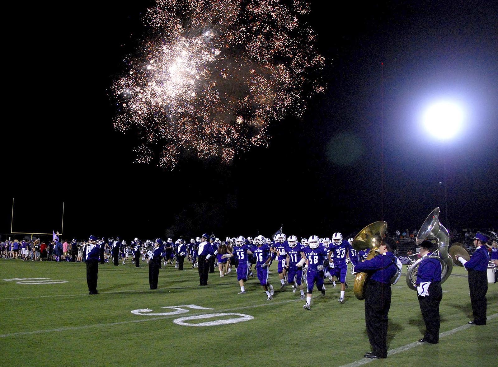 The Marion County Warriors take the field under fireworks.  The South Pittsburg Pirates visited the Marion County Warriors in TSSAA football action Saturday September 11, 2015 in Jasper.