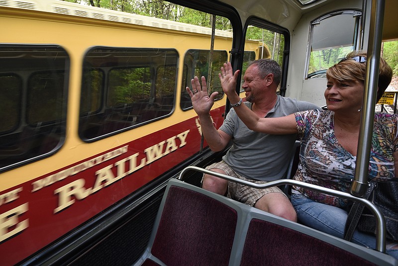 Phil Busscher and Ellie Lamaire, of Holland, Mich., ride the Incline Railway for the first time on one of their many visits to Chattanooga.