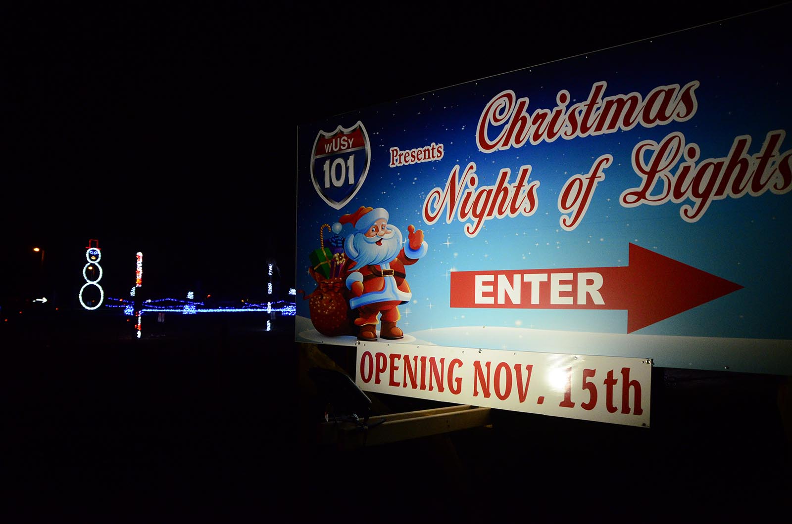 The drive-thru Christmas Night of Lights show will be kicking off on November 15 with hundreds of thousands of LED lights and over twenty-five minutes of Christmas music, both traditional and contemporary. The sign at the entrance warmly welcomes visitors at Camp Jordan in East Ridge, Tenn., on Thursday, November 13, 2014.
