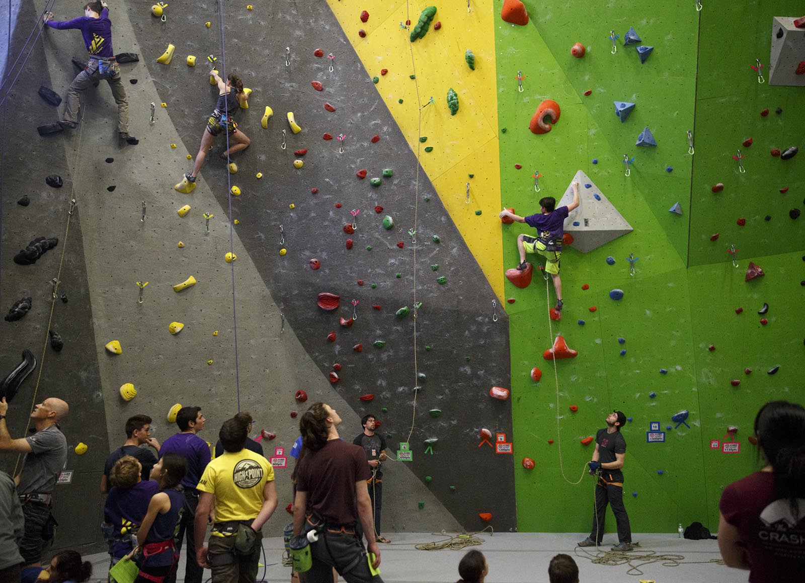 Climbers compete in the USAC Local Youth Sport and Speed climbing competition at High Point Climbing gym on Saturday, Feb. 27, 2016, in Chattanooga, Tenn. The competition followed the redpoint format, where the scores for competitors' top three completed sport routes are combined for a final score.