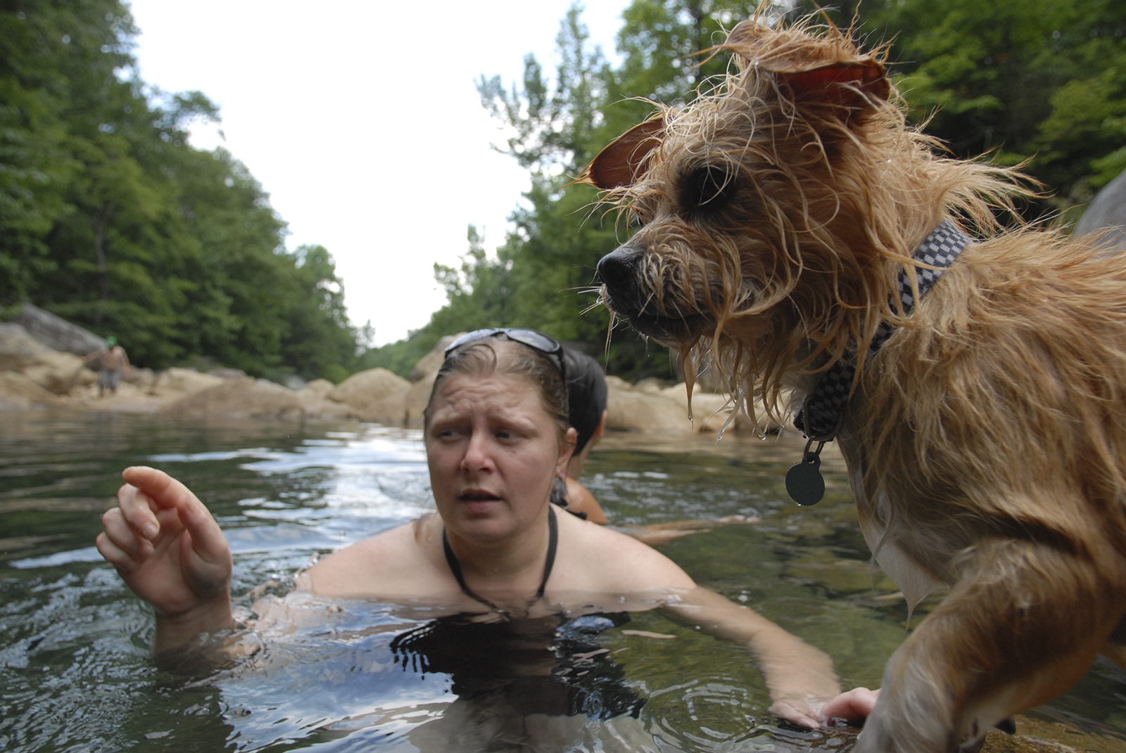 Heather Osborne, from Rossville, points to a stick she threw for her dog Oliver at the North Chickamauga Creek Pocket Wilderness along the Cumberland Trail. Ms. Osborne and her sister, Allyson, 10, have swam in the creek four times this summer.