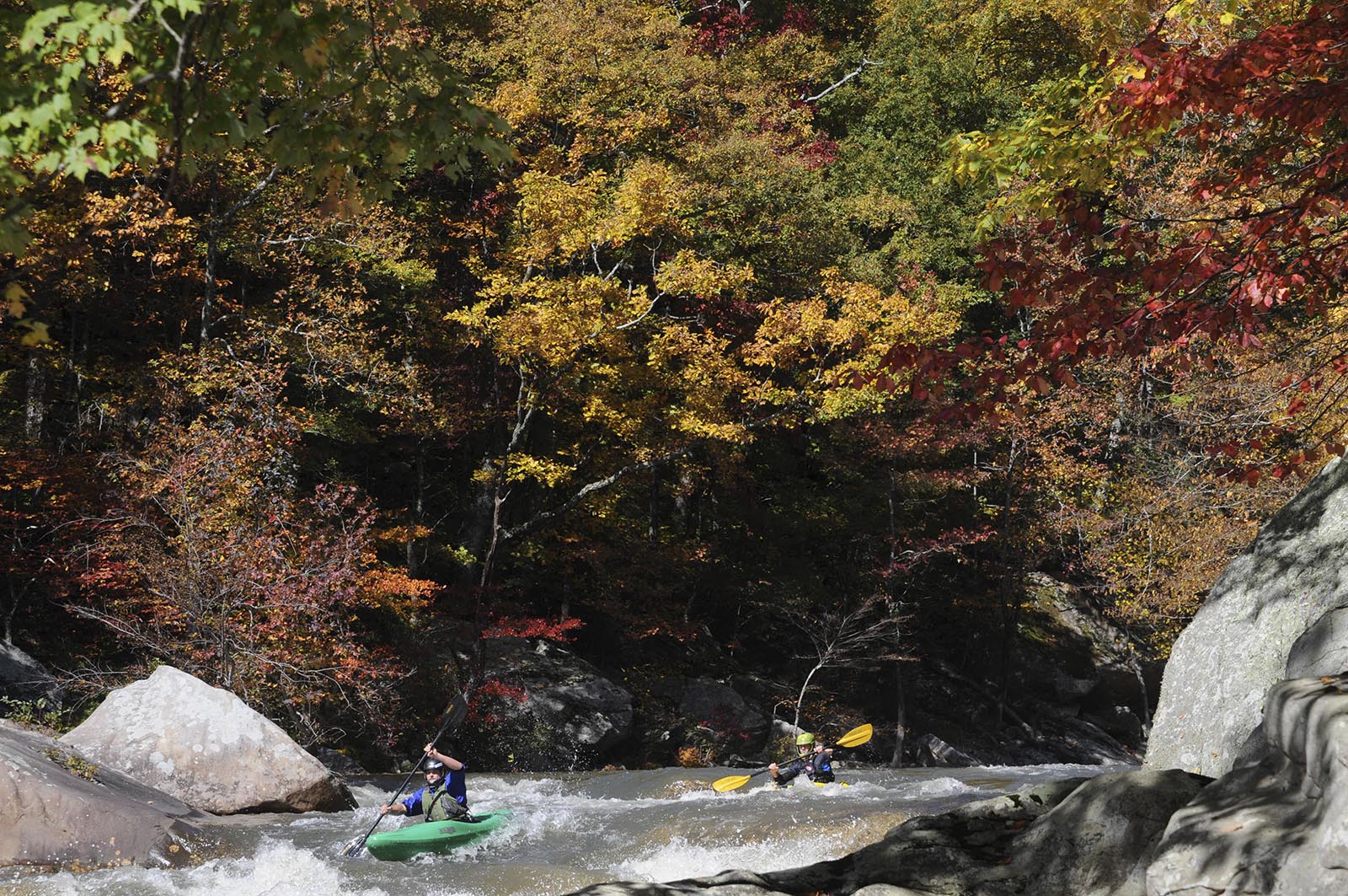 Staff photo by Tim Barber/Chattanooga Times Free Press -- Oct 15, 2012 - Danny McSpadden and Andrew Gamble run the rapids in the Bowater Pocket Wilderness Monday amidst an early spray of fall color on the North Chickamauga Creek.