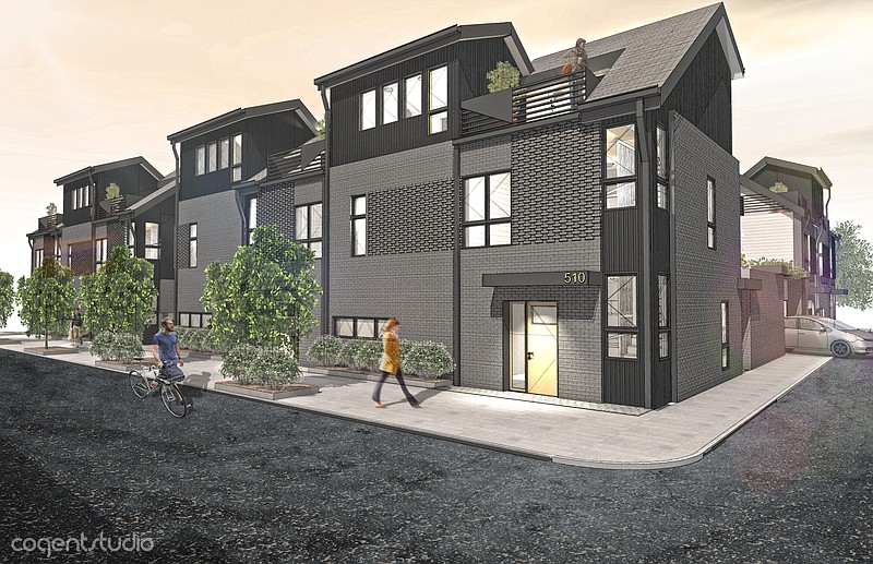 Contributed rendering / The East by Main townhouses are designed as a collection of homes connected by pedestrian paths, gardens and parking courts, developers said.