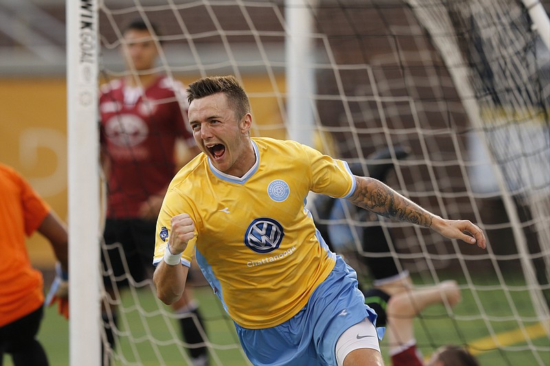 CFC's Jon Finlay celebrates scoring CFC's first goal during Chattanooga FC's soccer match against Memphis FC at Finley Stadium on Saturday, June 4, 2016, in Chattanooga, Tenn.