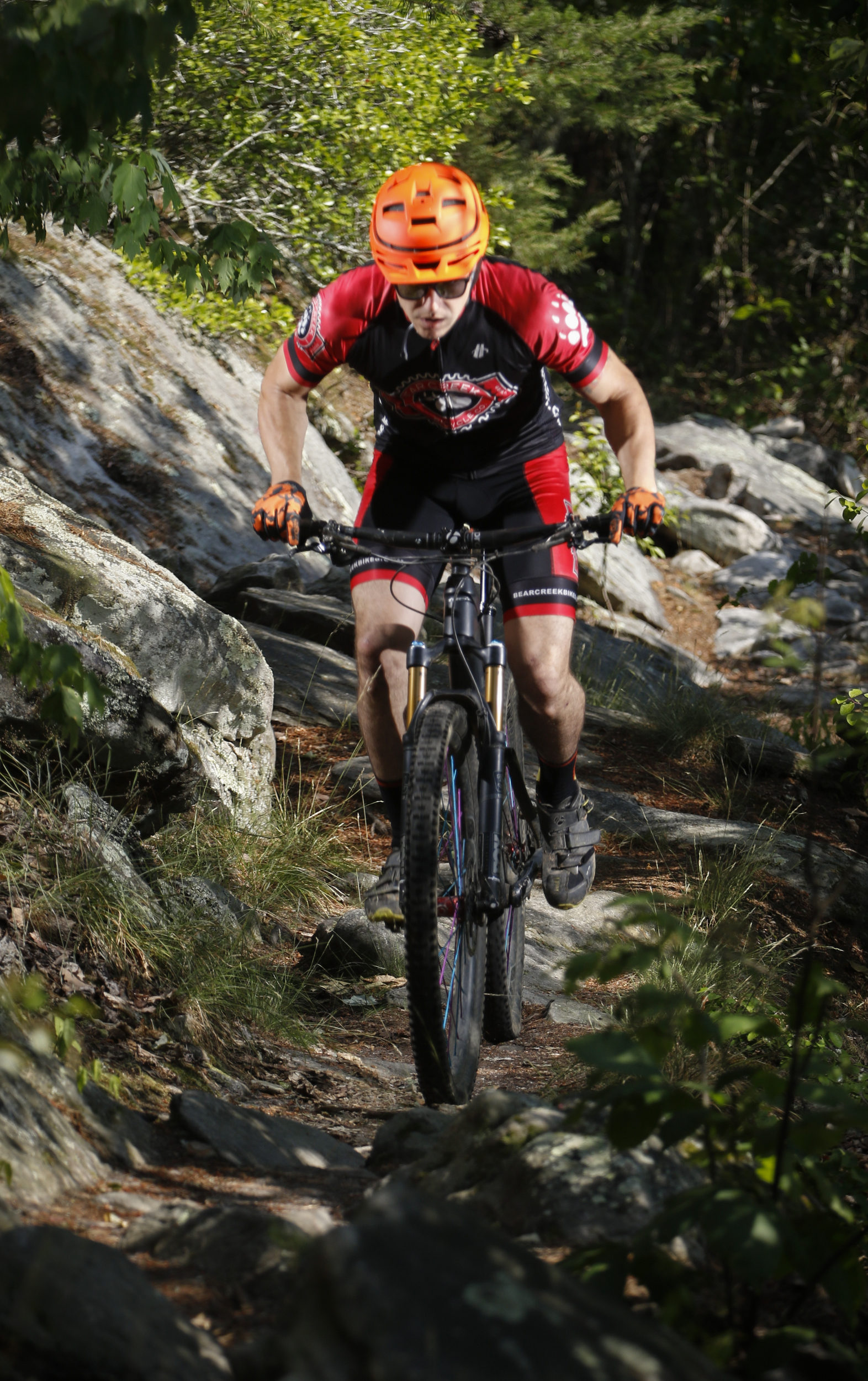 Staff Photo by Dan Henry / The Chattanooga Times Free Press- 5/25/16. Jeff Bartlett rides an expert section of the Pinhoti Trail near the Dug Gap trailhead where he and other mountain bikers have seen modifications with the removal or addition of rocks to make boulder garden sections easier to ride. With a small number of expert trails in the Chattanooga area these modifications are seen as destructive and bad for the mountain biking community as a whole.