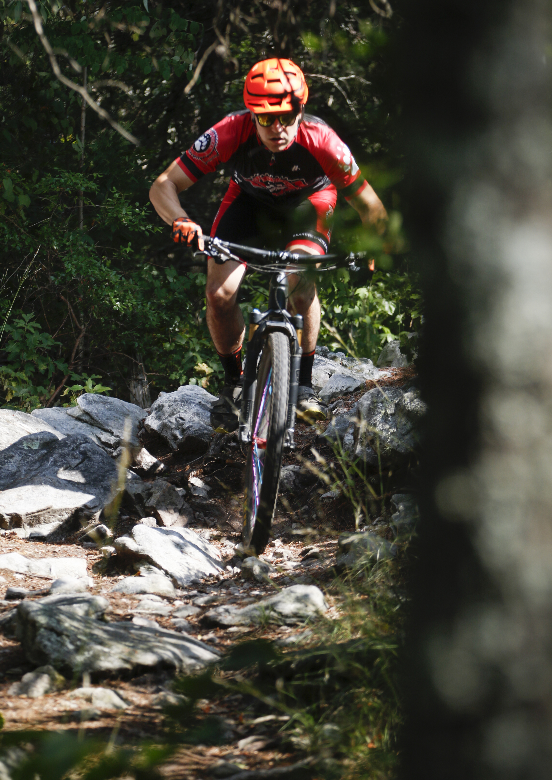 Staff Photo by Dan Henry / The Chattanooga Times Free Press- 5/25/16. Jeff Bartlett rides an expert section of the Pinhoti Trail near the Dug Gap trailhead where he and other mountain bikers have seen modifications with the removal or addition of rocks to make boulder garden sections easier to ride. With a small number of expert trails in the Chattanooga area these modifications are seen as destructive and bad for the mountain biking community as a whole.