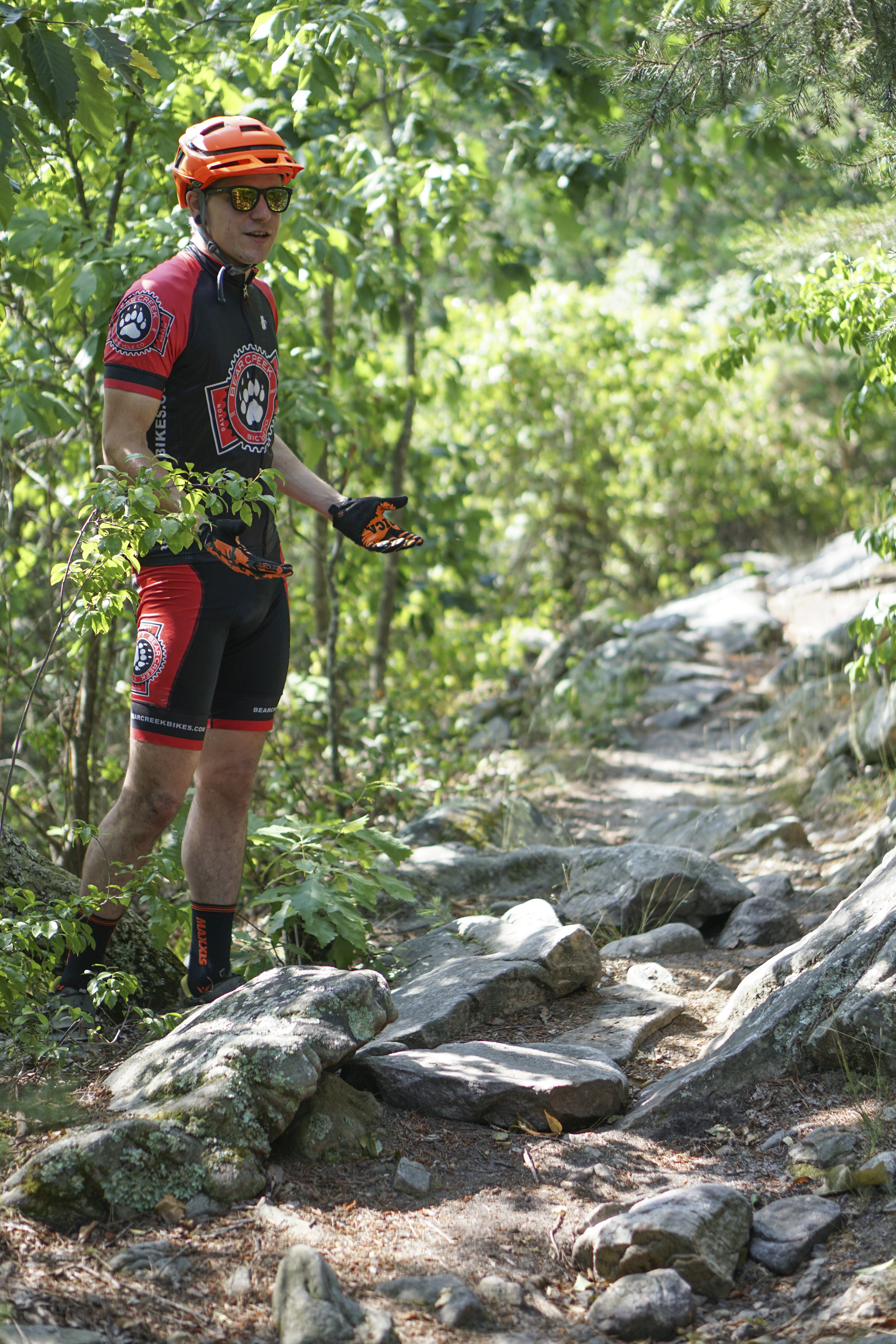 Staff Photo by Dan Henry / The Chattanooga Times Free Press- 5/25/16. Jeff Bartlett speaks about modifications with the removal or addition of rocks to make boulder garden sections easier to ride on an expert section of the Pinhoti Trail near the Dug Gap trailhead. With a small number of expert trails in the Chattanooga area these modifications are seen as destructive and bad for the mountain biking community as a whole.