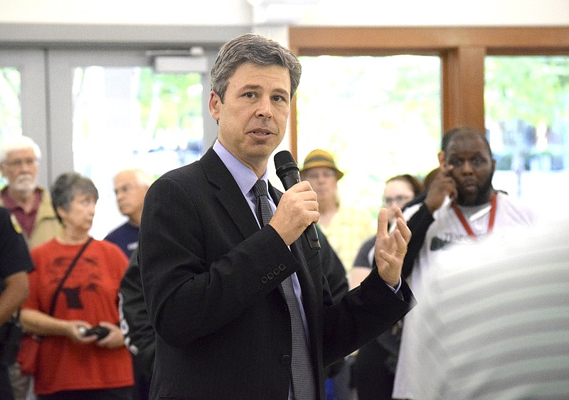 Chattanooga Mayor Andy Berke speaks before the march.  A prayer vigil and community walk was held Monday May 2, 2016 at Coolidge Park and the Walnut Street Bridge to stand against the recent outbreak of violence in Chattanooga.