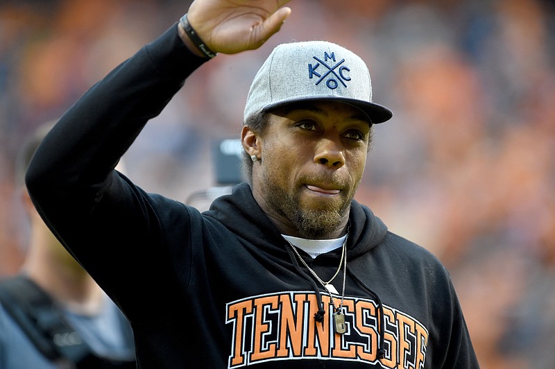 Kansas City Chief and former UT football player Eric Berry is recognized as the Legend of the Game during the first half of an NCAA college football game at Neyland Stadium in Knoxville on Saturday, Nov. 7, 2015.