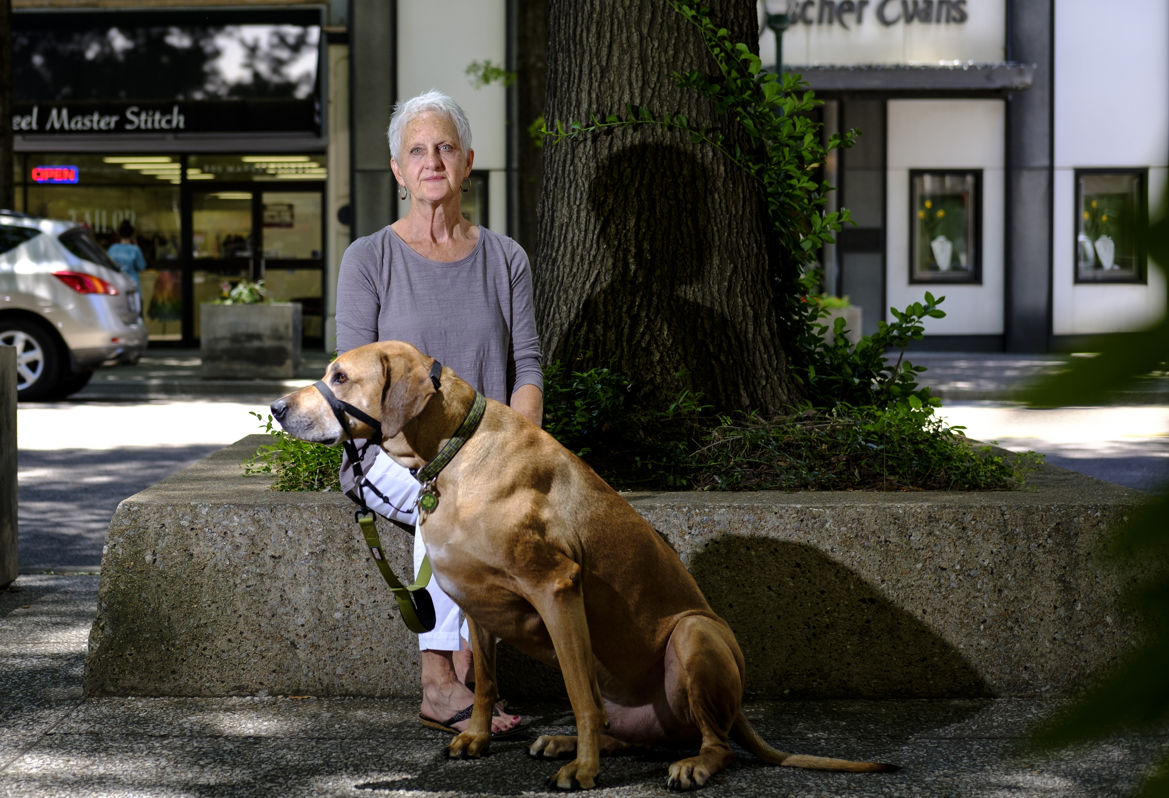 Lane Harrigan poses for a portrait with her dog Cooper on Market Street on Wednesday, June 8, 2016, in Chattanooga, Tenn.