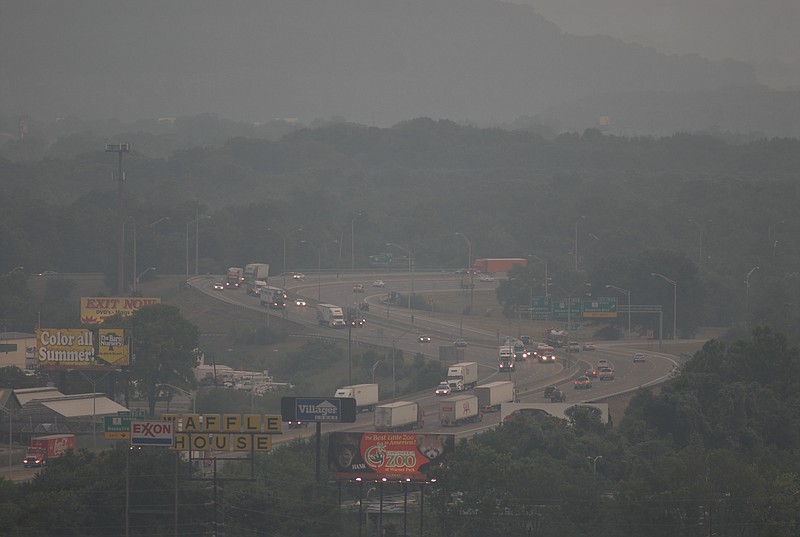 Traffic moves down Interstate 24 as haze covers the Chattanooga area in 2006.