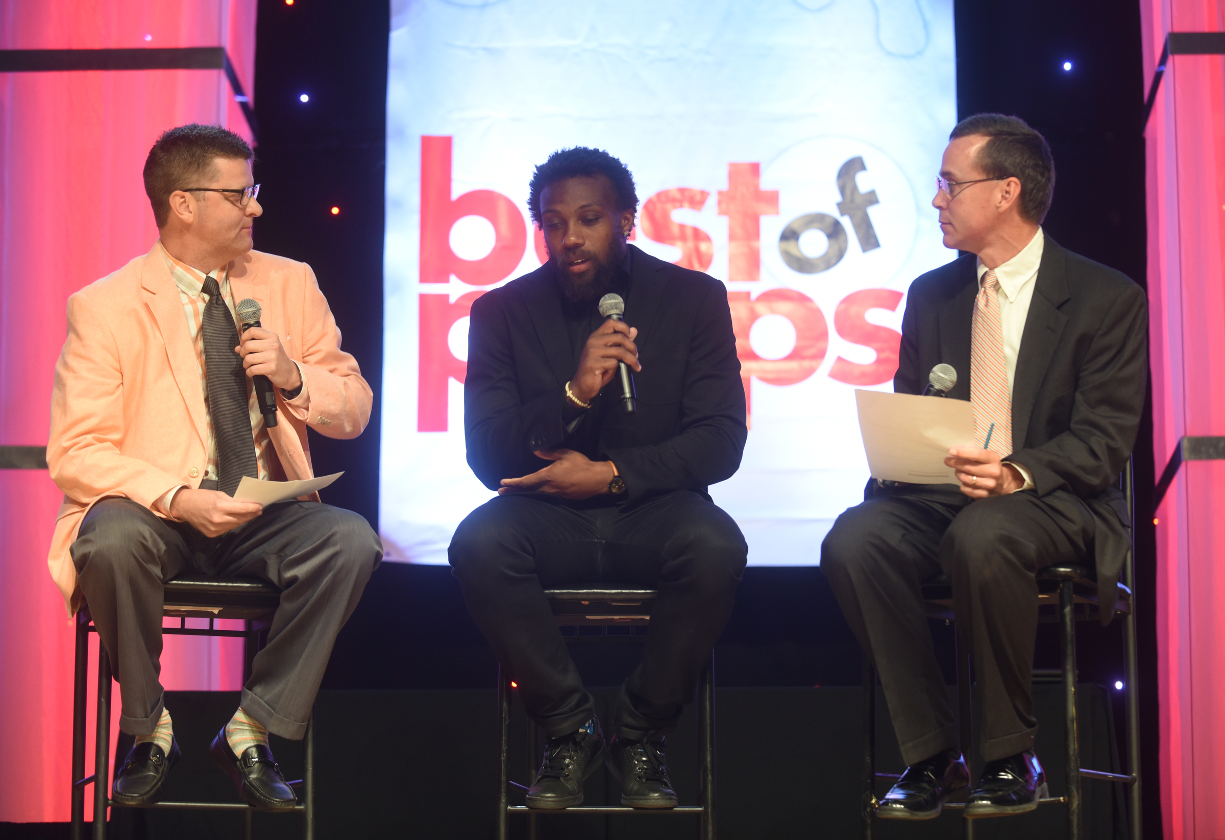 Eric Berry, center, answers questions from Stephen Hargis, left, and David Paschall at the Best of Preps banquet Thursday, June 9, 2016 at the Chattanooga Convention Center.