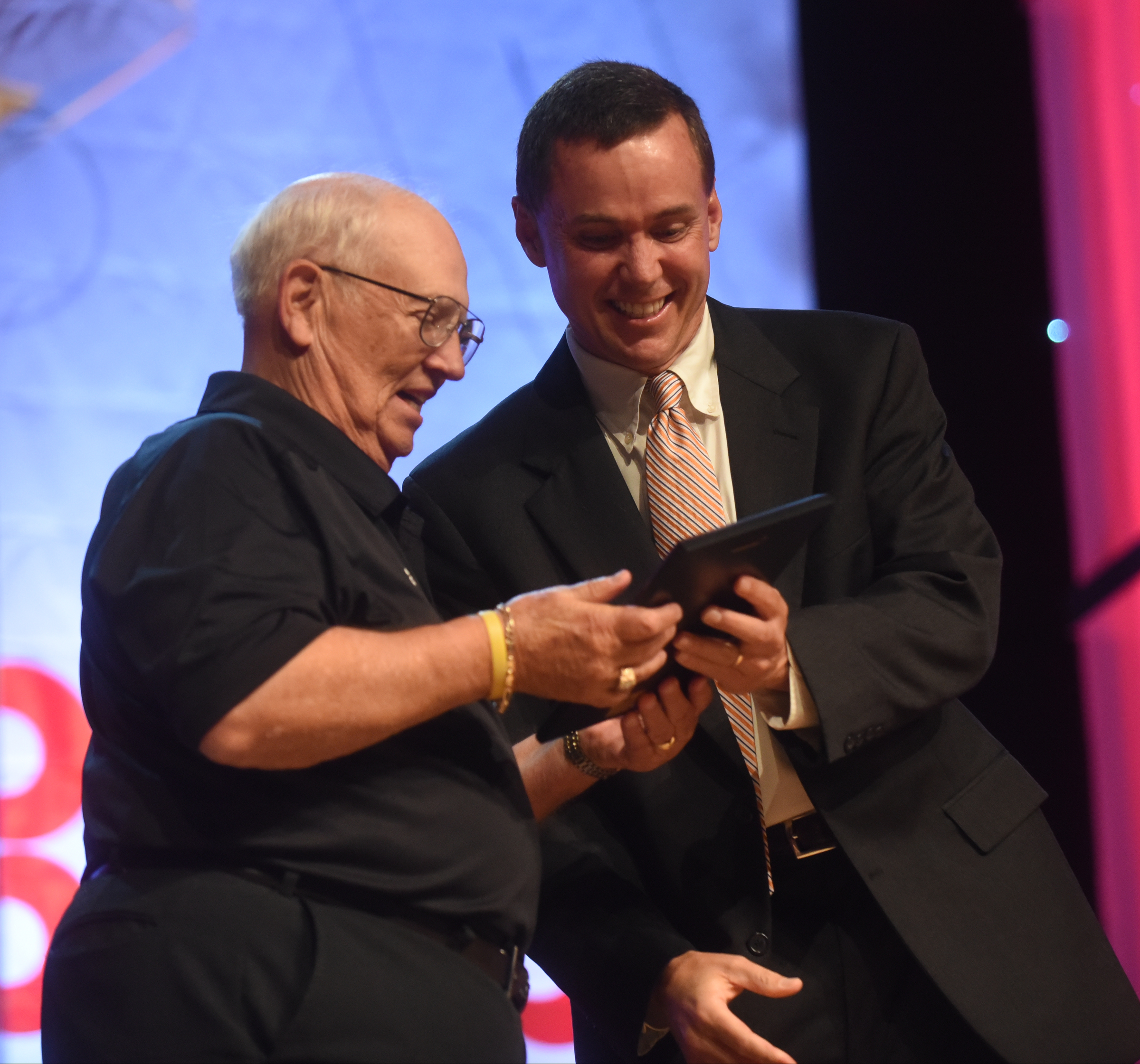David Paschall presents Al Slater with the Sandy Sandlin award for unselfish sportsman at the Best of Preps banquet Thursday, June 9, 2016 at the Chattanooga Convention Center.