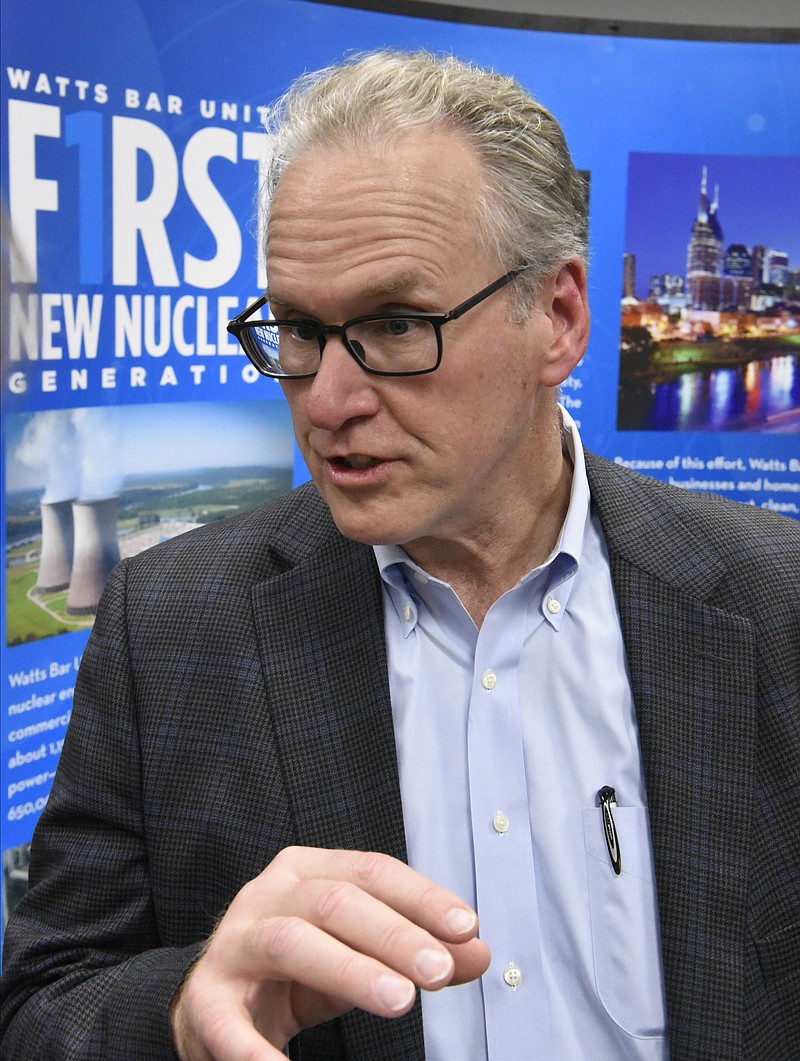 TVA president and CEO Bill Johnson speaks to reporters after a news conference at the Watts Bar Nuclear Plant on Thursday, Oct. 22, 2015, near Spring City, Tenn., as Unit 2 begins producing electricity for the first time, 43 years after construction began at the site. 