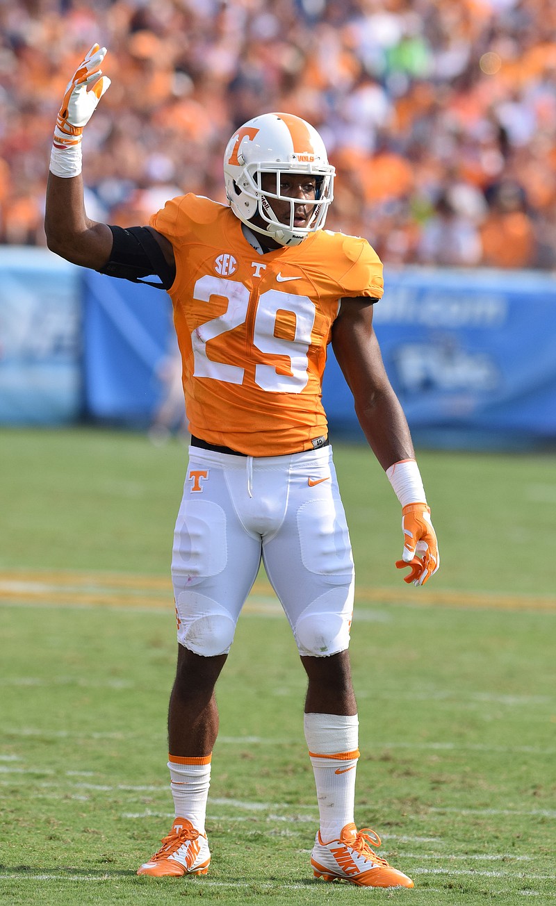 Tennessee defensive back Evan Berry (29) tries to fire up the crowd.  The Tennessee Volunteers hosted the Bowling Green Falcons at Nissan Stadium in Nashville September 5, 2015.