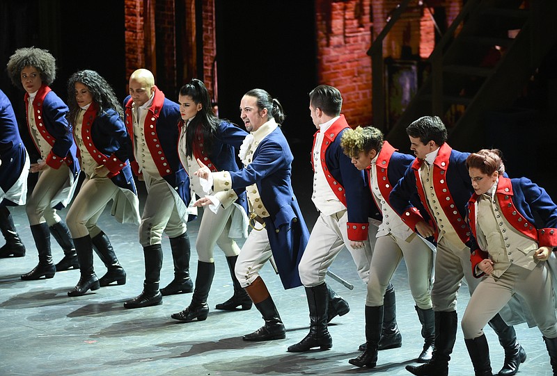 Lin-Manuel Miranda, center, and the cast of "Hamilton" perform at the Tony Awards at the Beacon Theatre on Sunday, June 12, 2016, in New York. (Photo by Evan Agostini/Invision/AP)