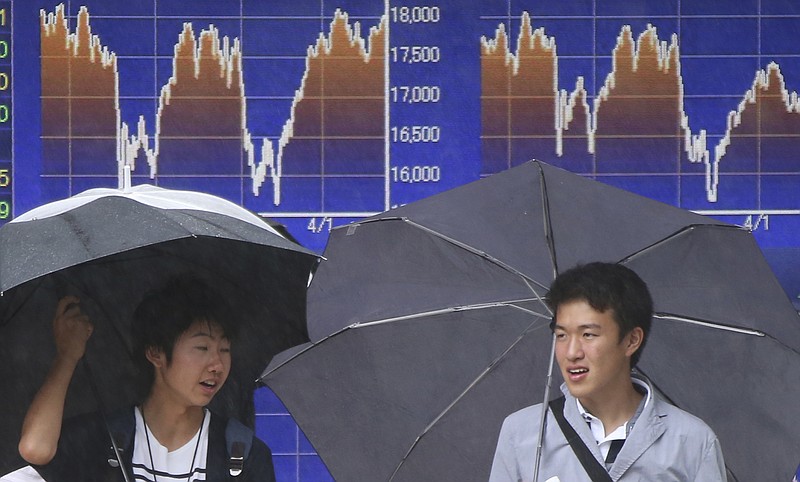 
              Two men stand in front of the electronic stock board of a securities firm in Tokyo, Monday, June 13, 2016. Asian shares slipped Monday amid uncertainty over what the U.S. Federal Reserve might do on interest rates and Britain's status on the European Union. (AP Photo/Koji Sasahara)
            