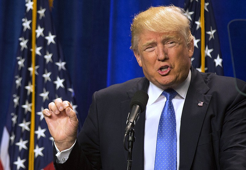 Republican presidential candidate Donald Trump speaks at Saint Anselm College Monday, June 13, 2016, in Manchester, N.H. (AP Photo/Jim Cole)