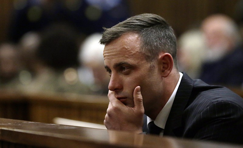 
              Oscar Pistorius, appears in the High Court in Pretoria, South Africa, Monday, June 13, 2016 for sentencing proceedings. An appeals court found Pistorius guilty of murder, and not culpable homicide for the shooting death of his girlfriend Reeve Steenkamp. (AP Photo/Themba Hadebe, Pool)
            