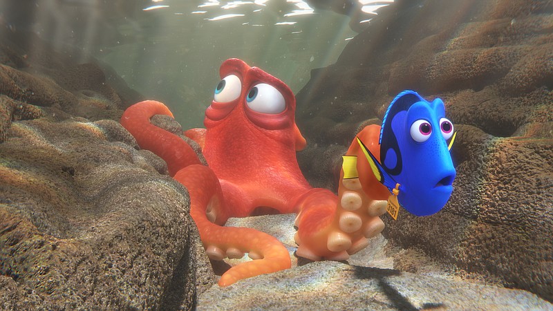 This image released by Disney shows the characters Hank, voiced by Ed O'Neill, left, and Dory, voiced by Ellen DeGeneres, in a scene from "Finding Dory." (Pixar/Disney via AP)