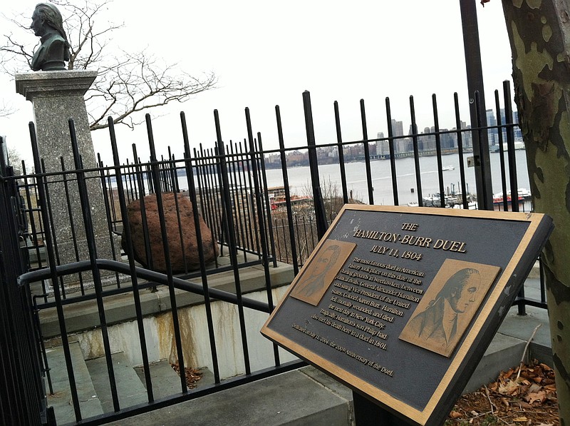 At Hamilton Park in Weehawken, N.J., a plaque and bust of Alexander Hamilton are near the dueling grounds where Hamilton was fatally shot by Aaron Burr in 1804. Interest in historic sites associated with Hamilton has increased thanks to the hit Broadway musical "Hamilton."