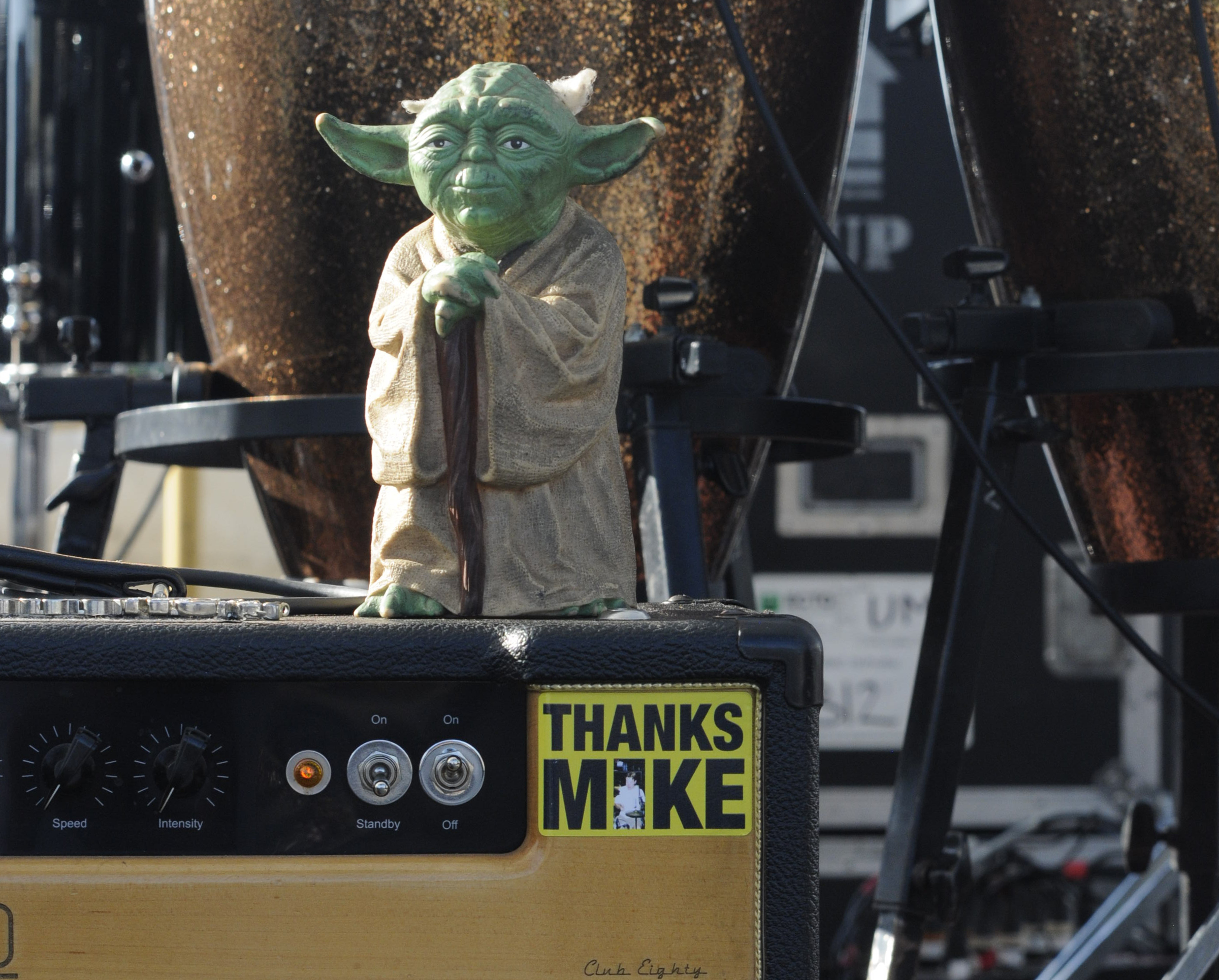 Yoda sits atop an amplifier on stage Thursday at Riverbend.