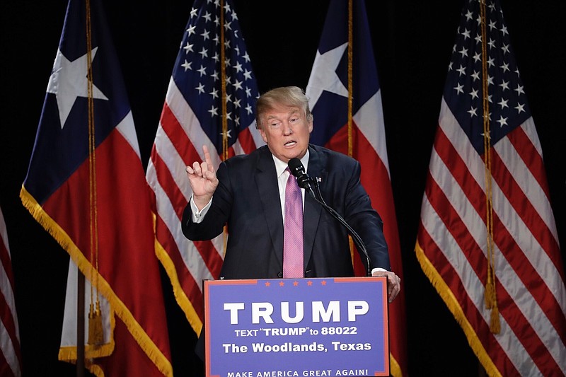 
              Republican presidential candidate Donald Trump speaks at a rally Friday, June 17, 2016, in The Woodlands, Texas. (AP Photo/David J. Phillip)
            