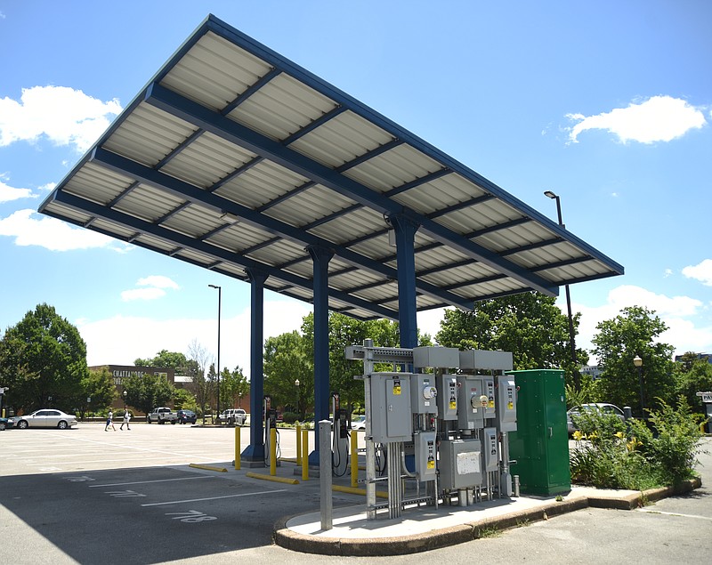 The electric vehicle charging station is an a parking lot next to Outdoor Chattanooga in Coolidge Park.