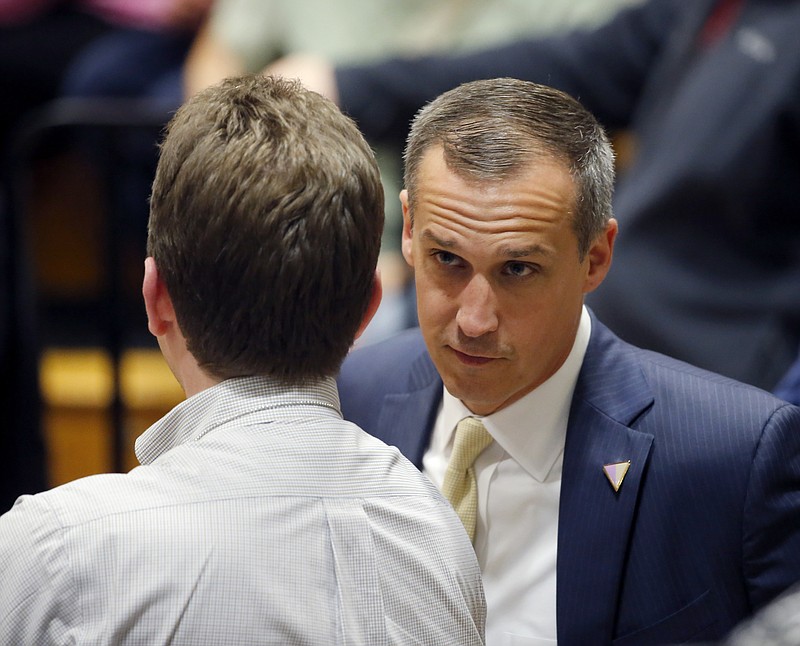 
              In this photo taken April 3, 2016, Donald Trump’s campaign manager Corey Lewandowski talks to a member of the media at Nathan Hale High School in West Allis, Wis. Lewandowski is leaving the campaign, following a tumultuous stretch marked by missteps and infighting. (AP Photo/Charles Rex Arbogast)
            