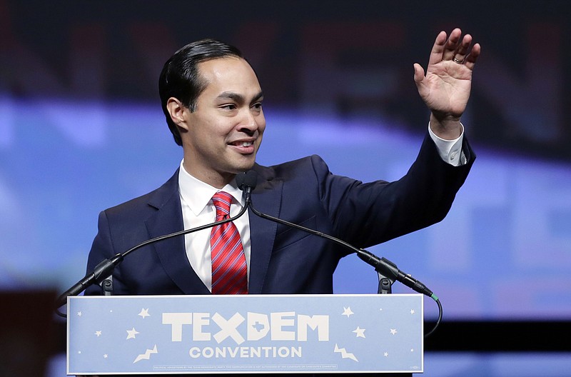 
              FILE - In this June 17, 2016, photo, Housing and Urban Development Secretary Julian Castro addresses the Texas Democratic convention in San Antonio. Hillary Clinton’s search for a running mate is moving into a more intense phase, according to several Democrats, as aides contact a pared down pool of candidates to ask for reams of personal information and set up interviews with the vetting team. Those on the shortlist include Sen. Elizabeth Warren, D-Mass., Sen. Tim Kaine, D-Va., and Castro.(AP Photo/Eric Gay)
            