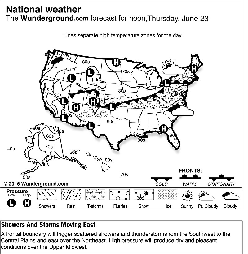 
              This is the Weather Underground forecast for Thursday, June 23, 2016, for the United States.  A frontal boundary will trigger scattered showers and thunderstorms rom the Southwest to the Central Plains and east over the Northeast. High pressure will produce dry and pleasant conditions over the Upper Midwest. (Weather Underground via AP)
            