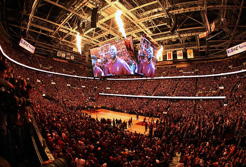 
              In this Wednesday, June 8, 2016 photo, fans stand before the start of the first half of Game 3 of basketball's NBA Finals between the Cleveland Cavaliers and Golden State Warriors at Quicken Loans Arena in Cleveland. Several hundred Republican delegates are organizing to oppose Donald Trump at the party's national convention held at this arena from July 18 to 21. (AP Photo/Ron Schwane)
            