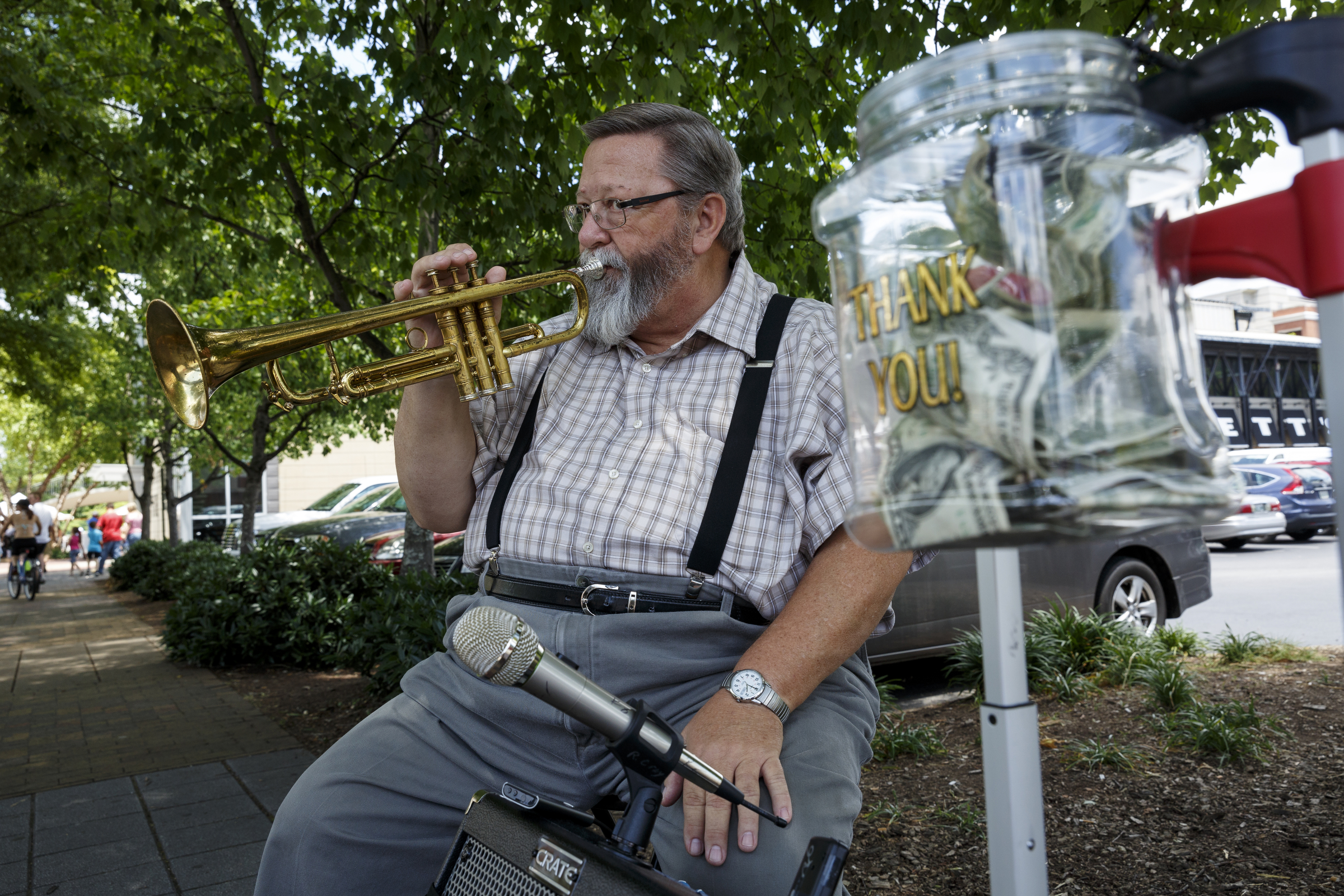 Trumpeter Randy Croy is one of about 50 musicians who have signed up for Sidewalk Stages, a way to get local musicians out in front of people and highlight Chattanooga's musical offerings. Musicians are paid $25 plus all tips from passers-by.