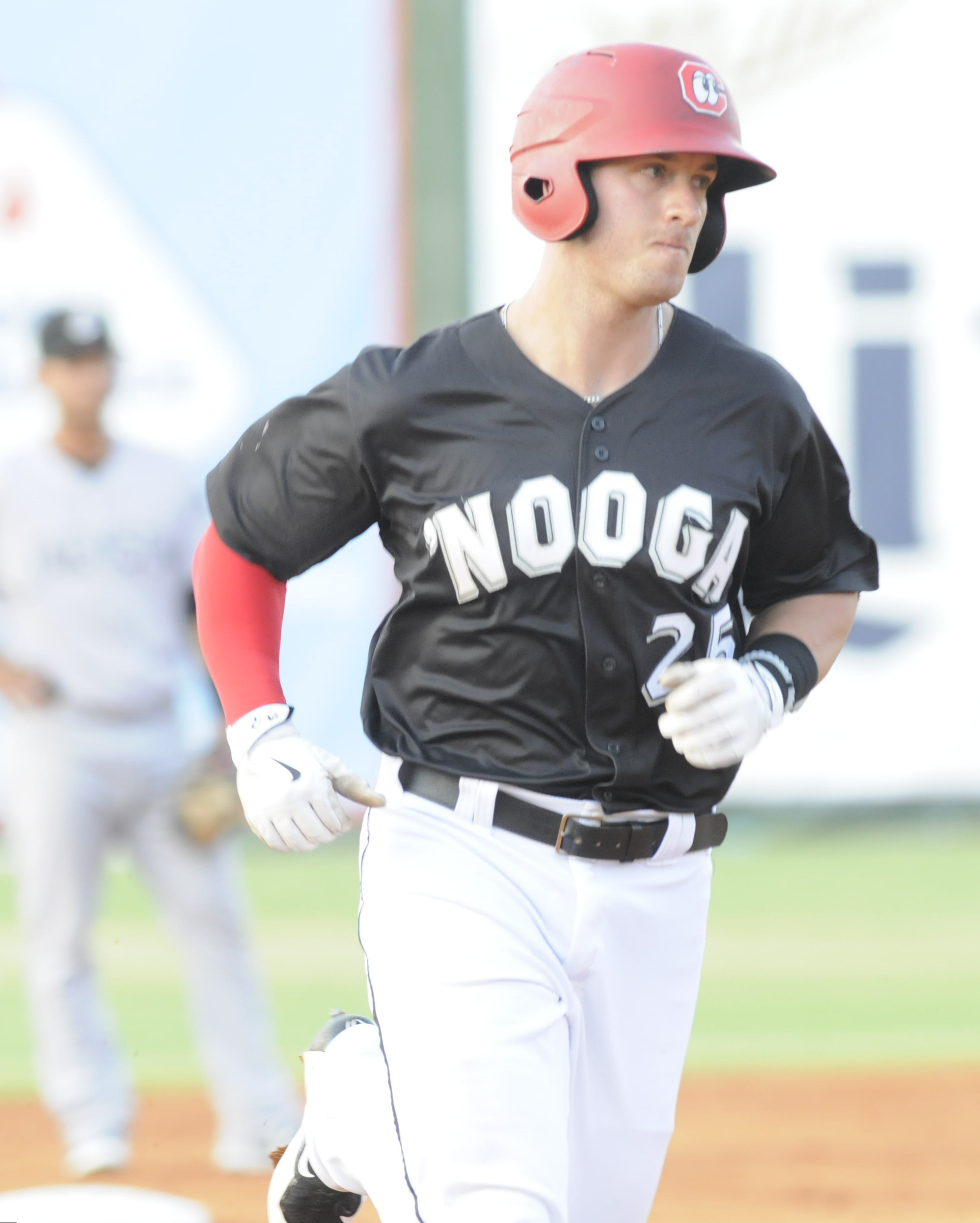 Mitch Garver (25) rounds second base after a 2-run shot over the left field wall Thursday night as the Chattanooga Lookouts take a 2-1 lead over the Jackson Generals in the bottom of the second inning at AT&T Field.