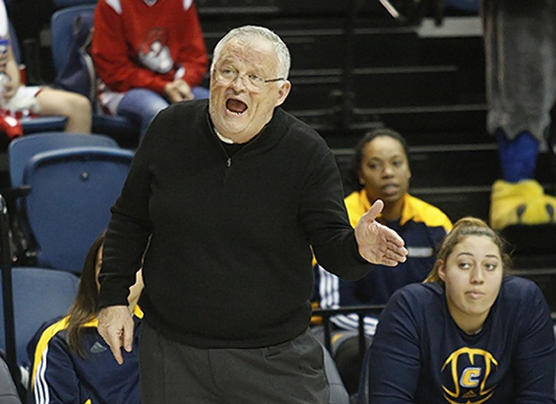UTC women's basketball coach Jim Foster shouts to players during the Mocs' home basketball game against UNCG at McKenzie Arena on Saturday, Jan. 16, 2016, in Chattanooga, Tenn.