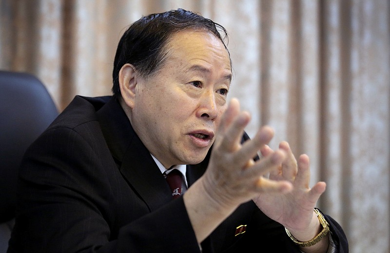 
              Han Song Ryol, director-general of the department of U.S. affairs at North Korea's Foreign Ministry speaks during an interview with The Associated Press on Friday, June 24, 2016, in Pyongyang, North Korea. Han told The Associated Press on Friday that his country is now a nuclear threat to be reckoned with, and Washington can expect more nuclear tests and missile launches like the ones earlier this week as long as it attempts to force his government's collapse through a policy of pressure and punishment. (AP Photo/Wong Maye-E)
            